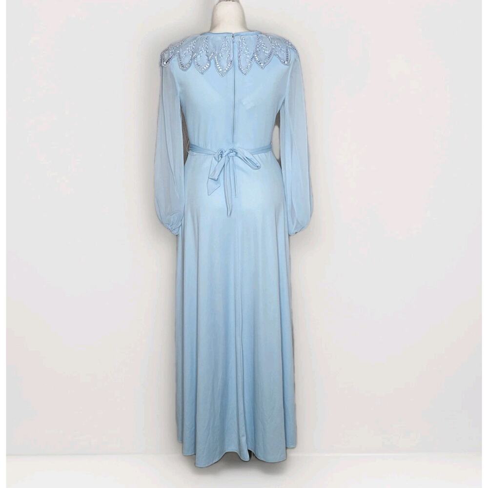 VTG 70s Baby Blue Maxi Dress w/ Sequin Applique Collar, sz Large - Picture 4 of 6